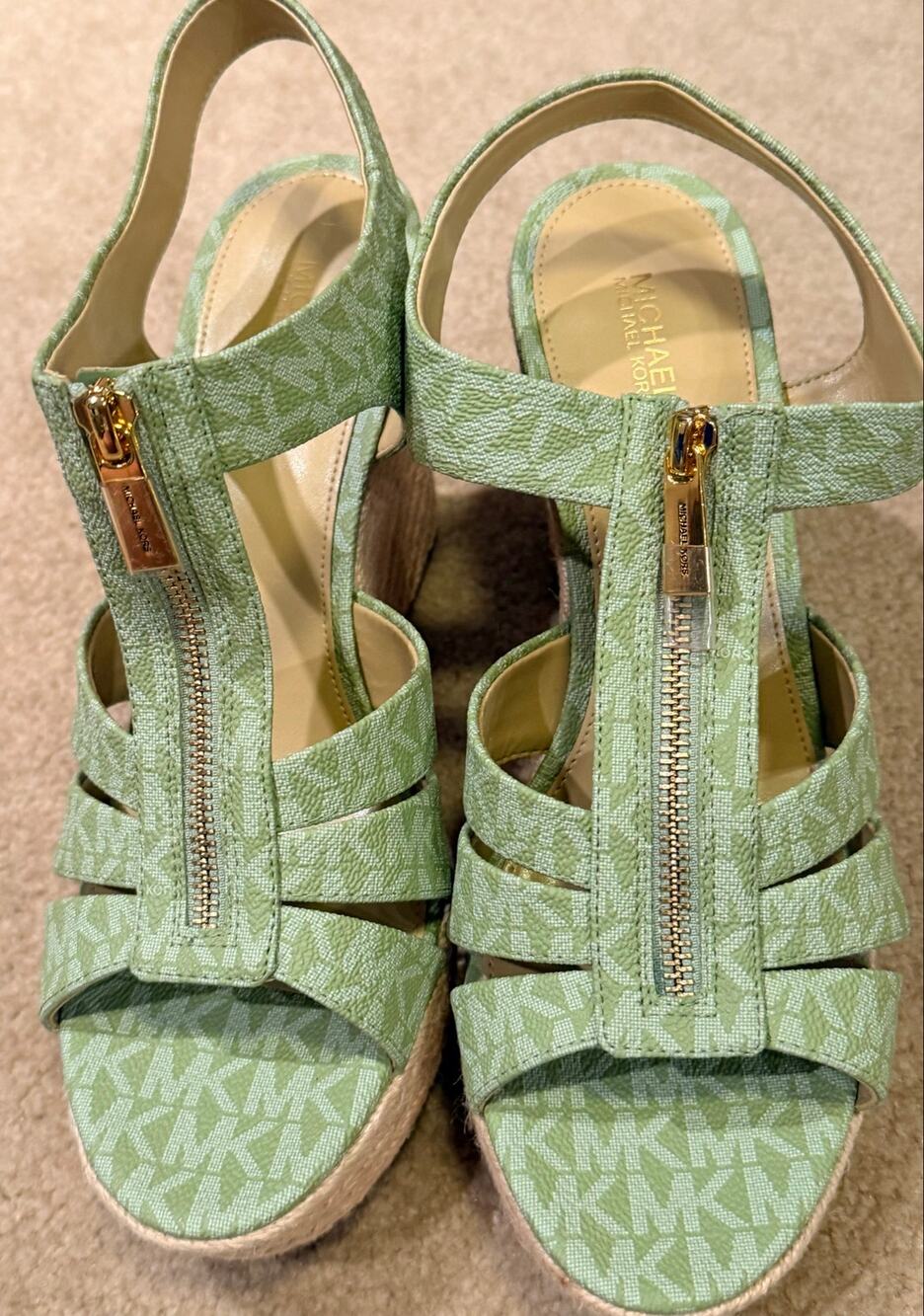 Michael Kors Green MK Logo Zip Wedge Heel Sandals Espadrille Size 9.5M